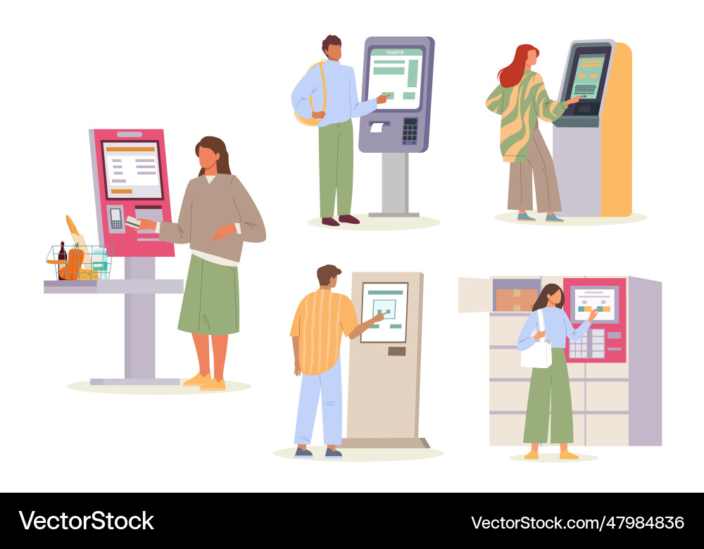 Characters using self service terminals with touch Characters using self service terminals with touch vector image