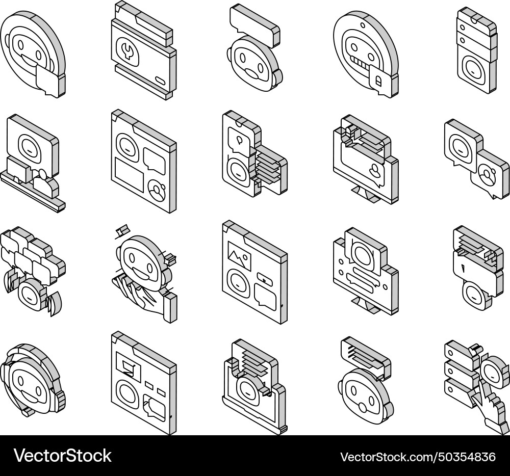 Chat bot robot service online isometric icons set Chat bot robot service online isometric icons set vector image