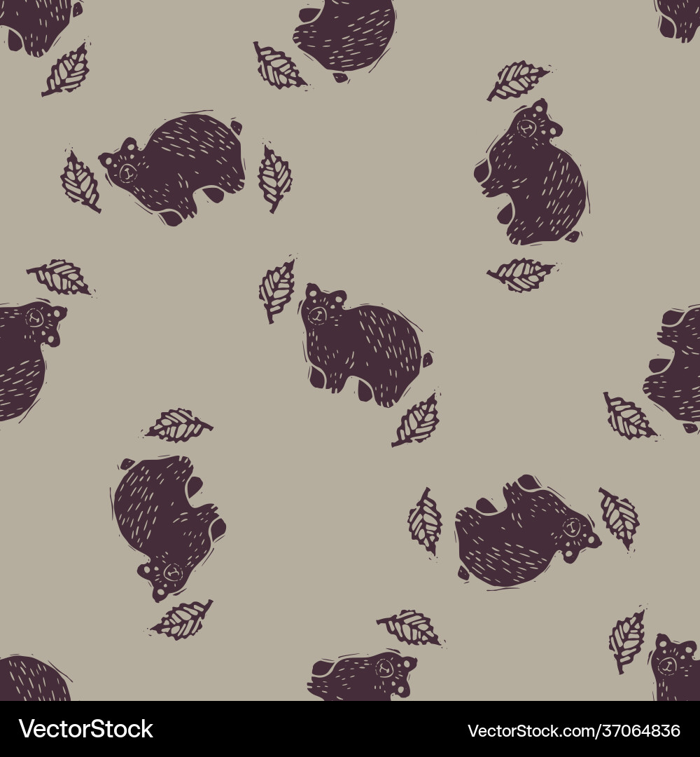Handmade carved block print bear seamless pattern Handmade carved block print bear seamless pattern Vector Image