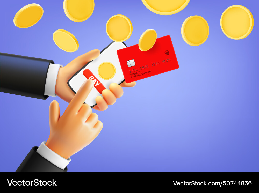 Man using smartphone to pay via internet 3d vector image