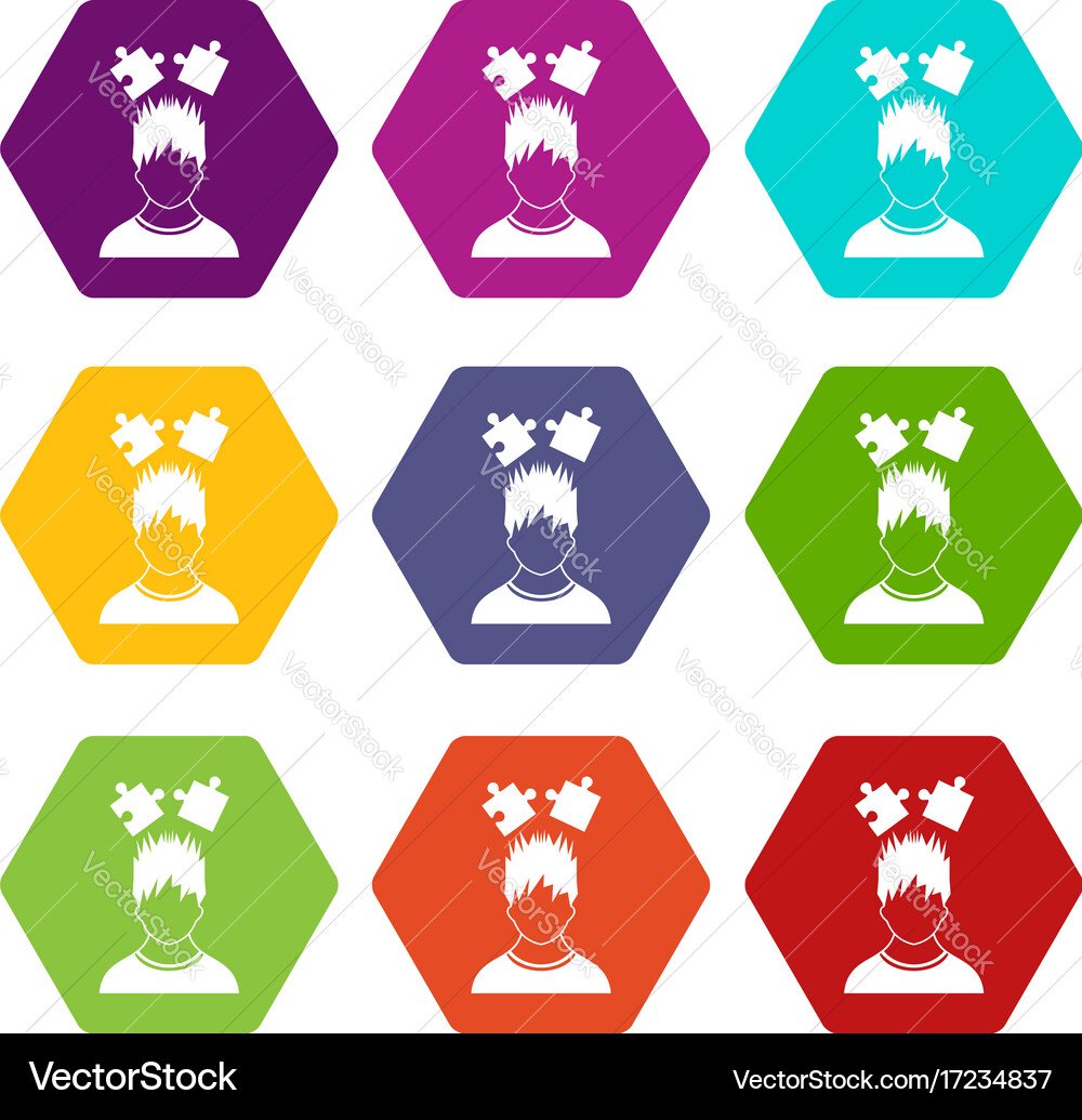 Man with puzzles over head icon set color vector image