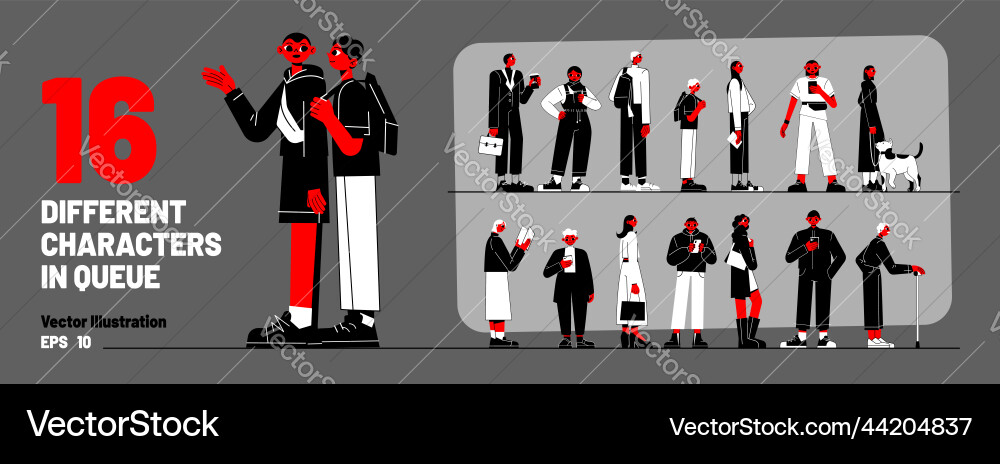 Set of different characters standing in long queue vector image