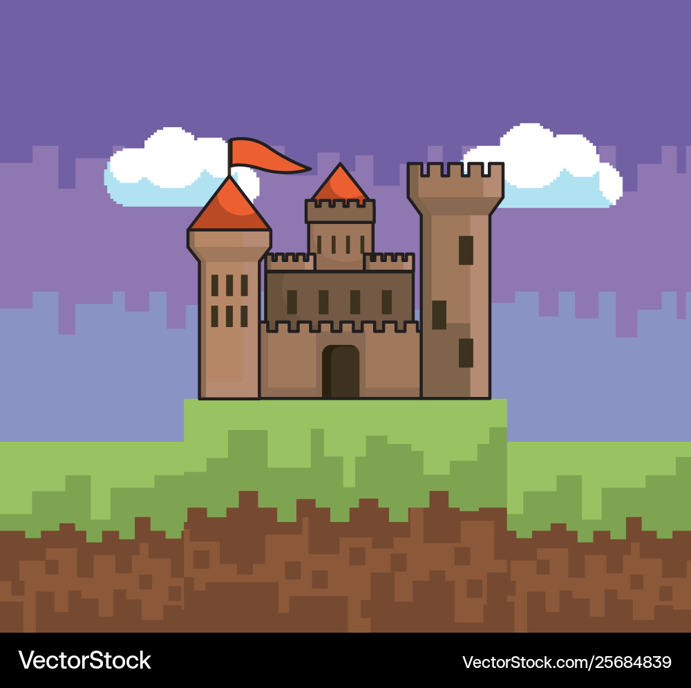Arcade game world and pixel scene design Vector Image