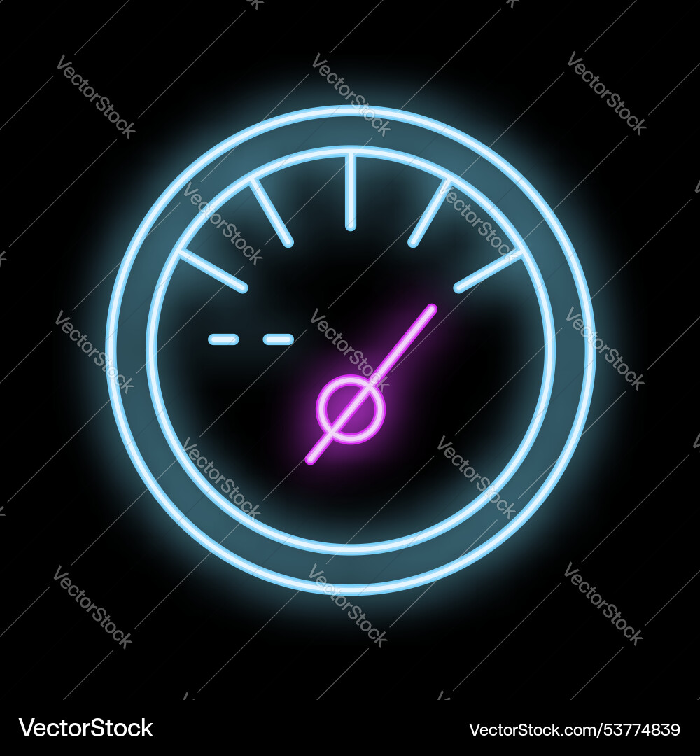 Neon icon of speedometer showing increasing speed vector image