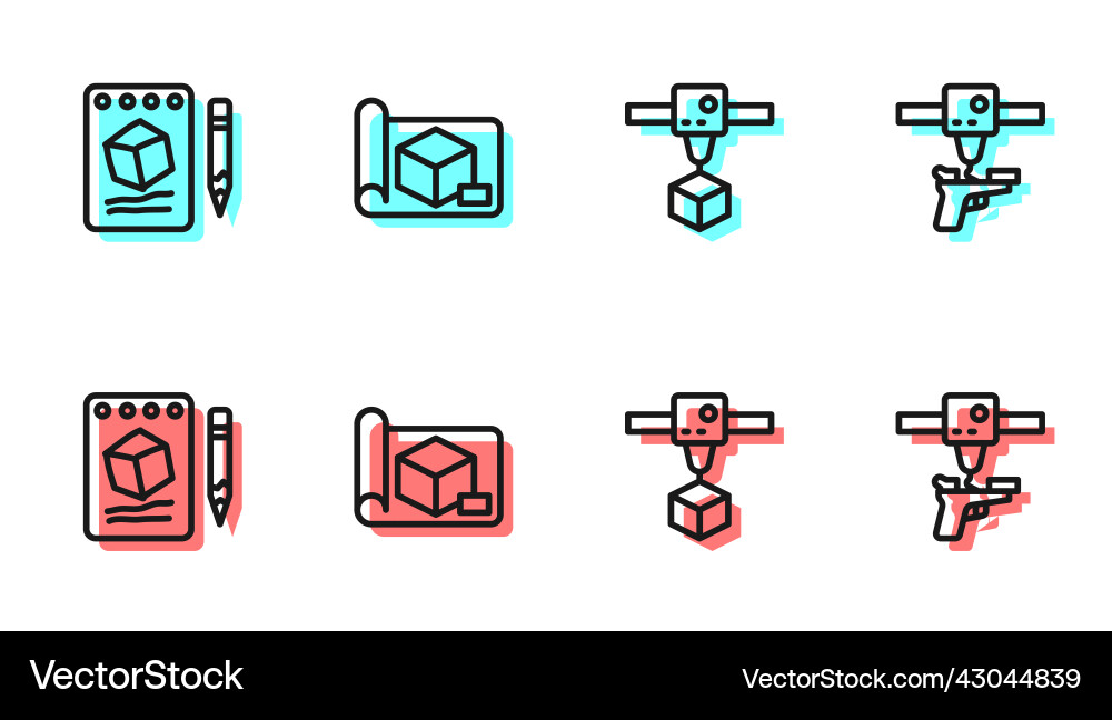 Set line 3d printer cube sketch on paper Vector Image