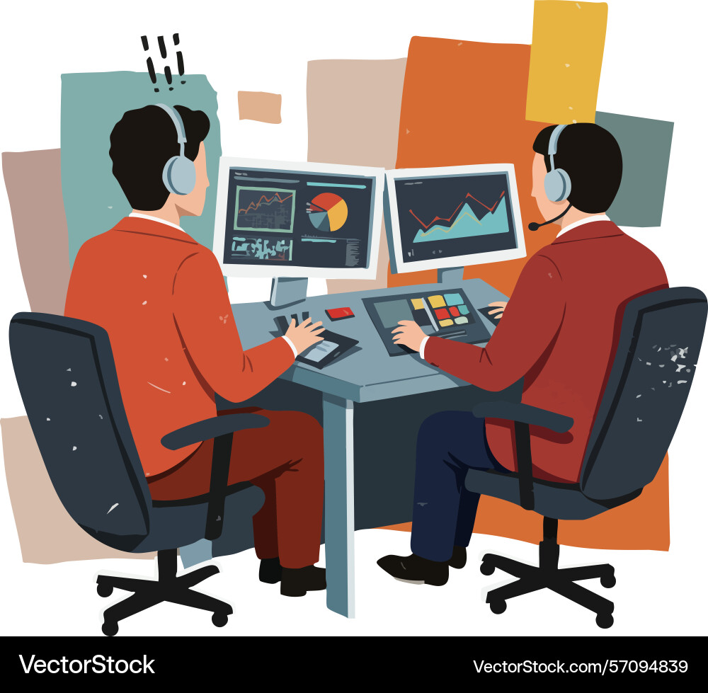 Two operators monitoring data on multiple screens Two operators monitoring data on multiple screens vector image