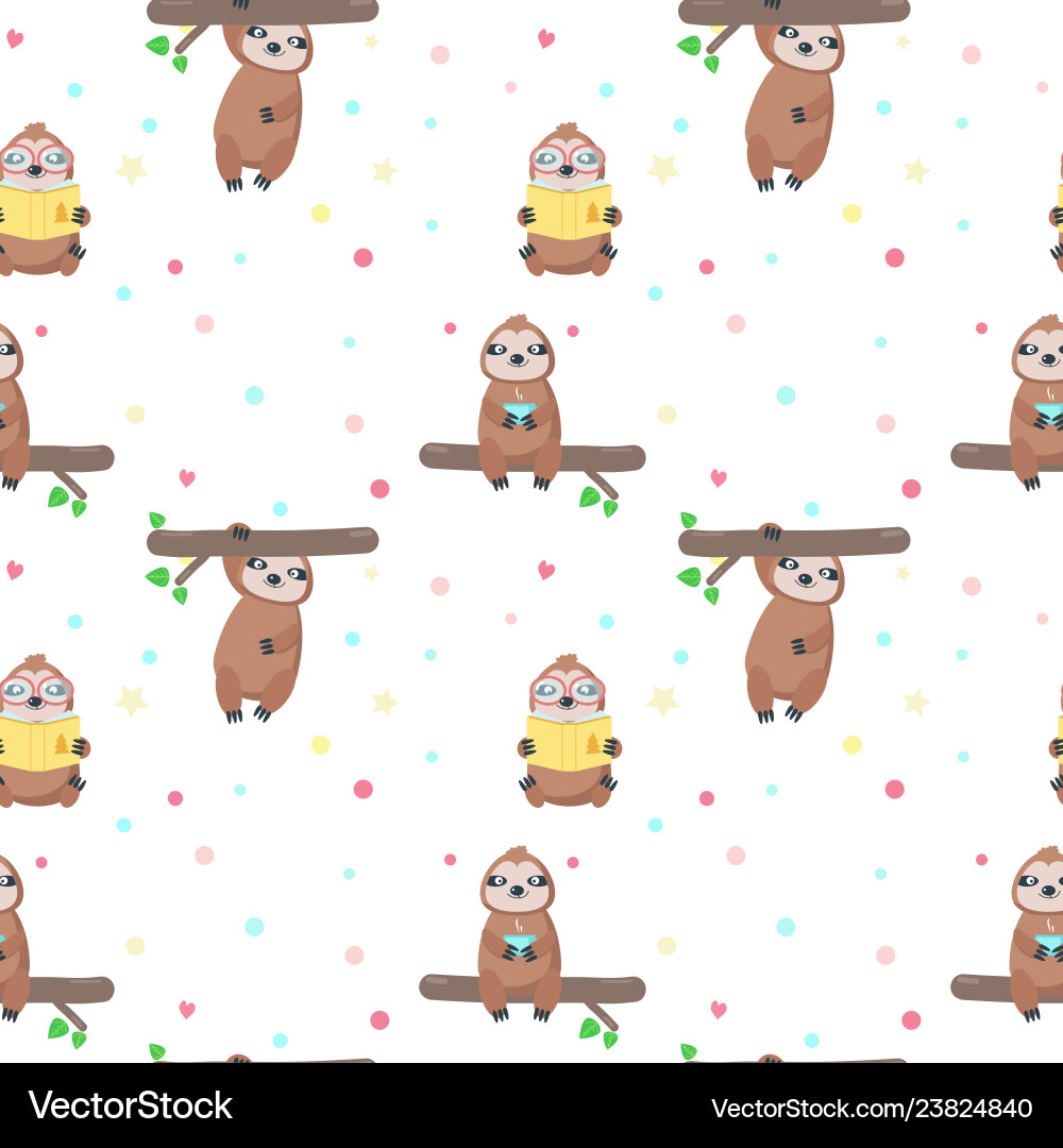Cute Sloth Pattern - Lazy Animals Vector Image