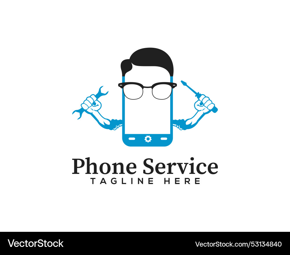 Geek with mobile phone fixing minimal logo design Geek with mobile phone fixing minimal logo design vector image