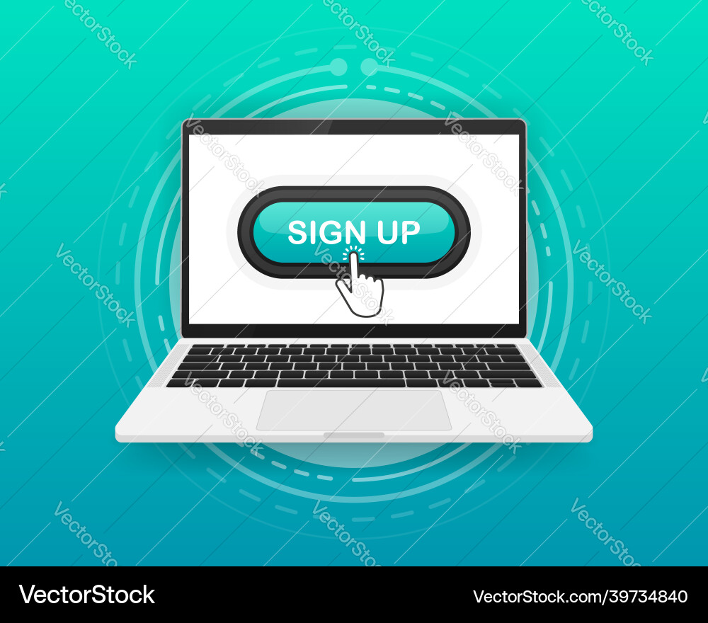 Sign up button and hand cursor on the screen Sign up button and hand cursor on the screen vector image
