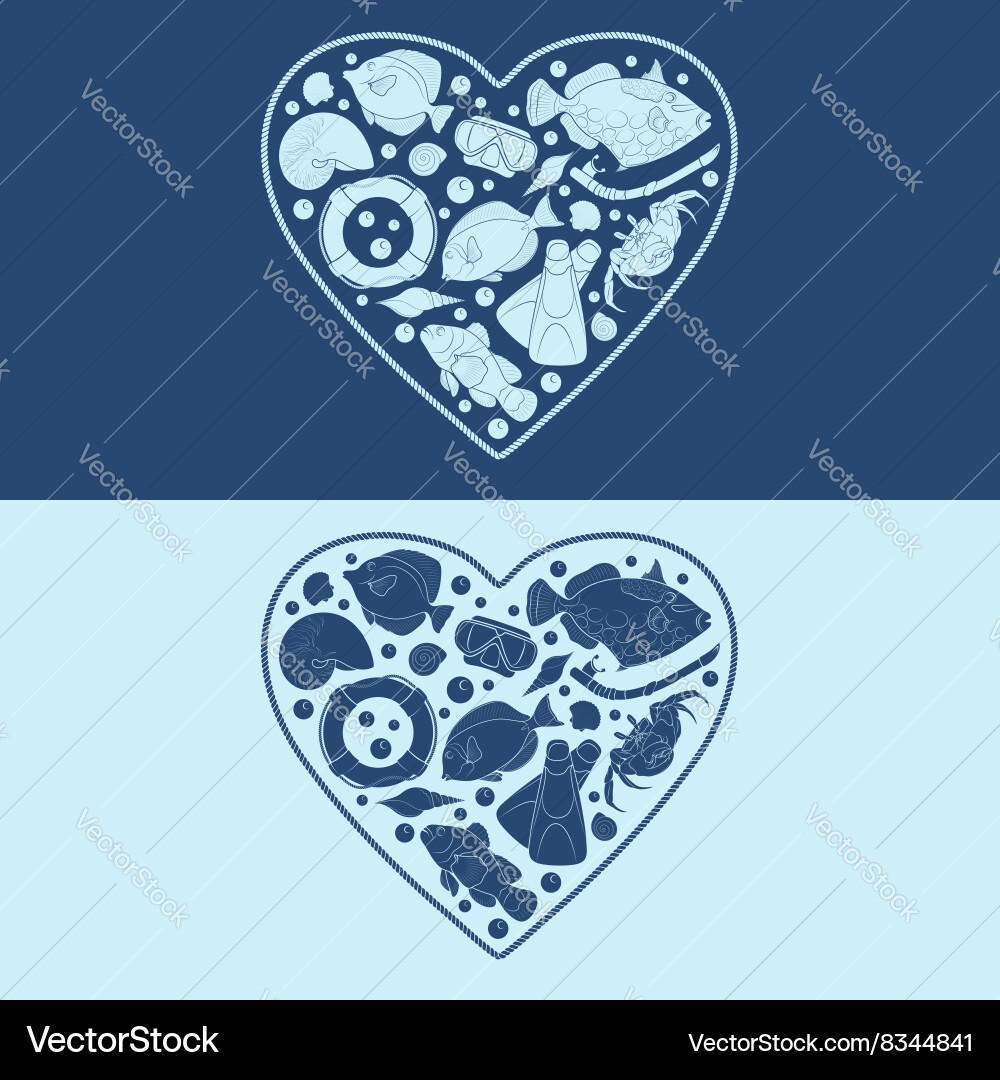 Marine objects in the shape of a heart vector image
