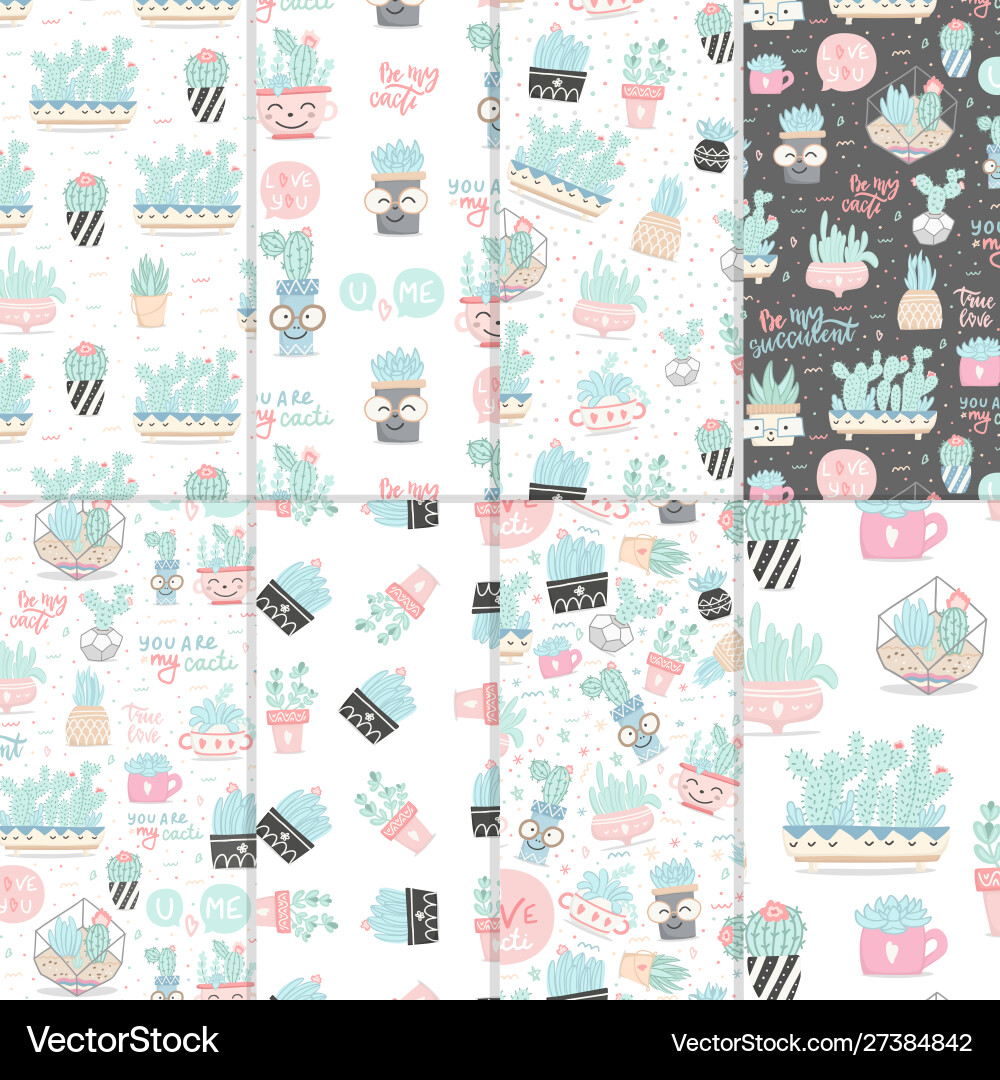 Set seamless patterns with cactuses Set seamless patterns with cactuses vector image