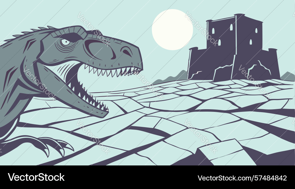 T-rex exploring ancient ruins in a desolate Vector Image