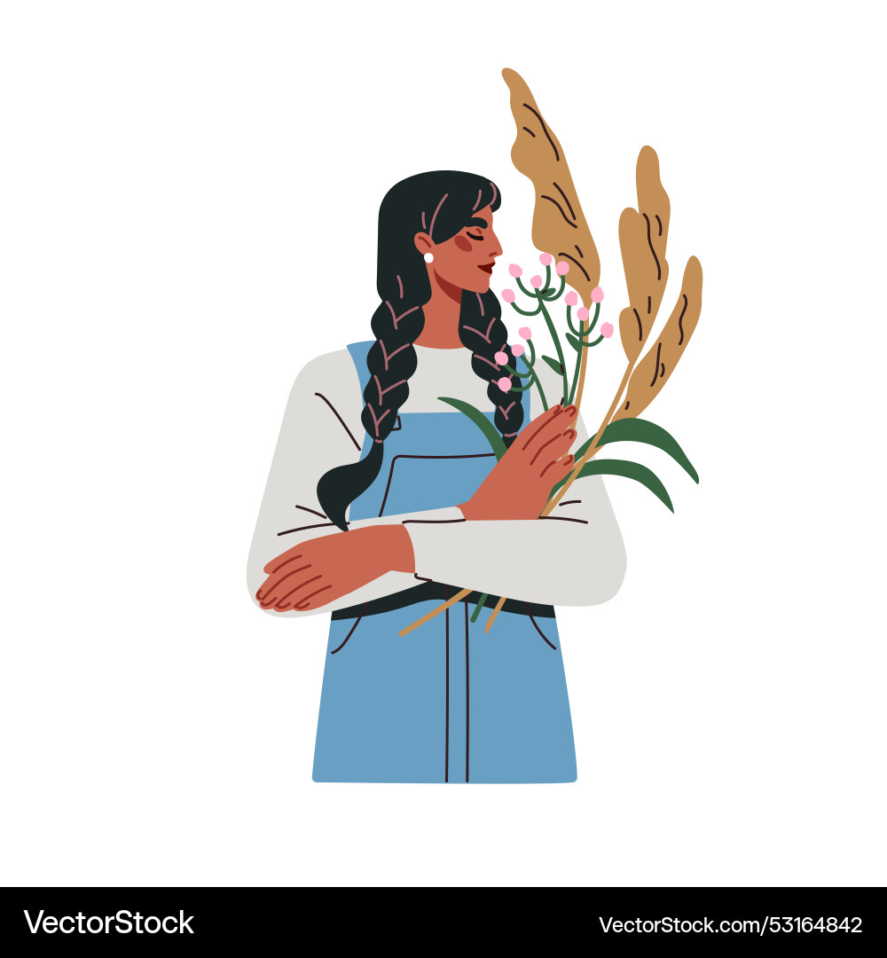 Young woman holding wildflowers smelling delicate Young woman holding wildflowers smelling delicate vector image