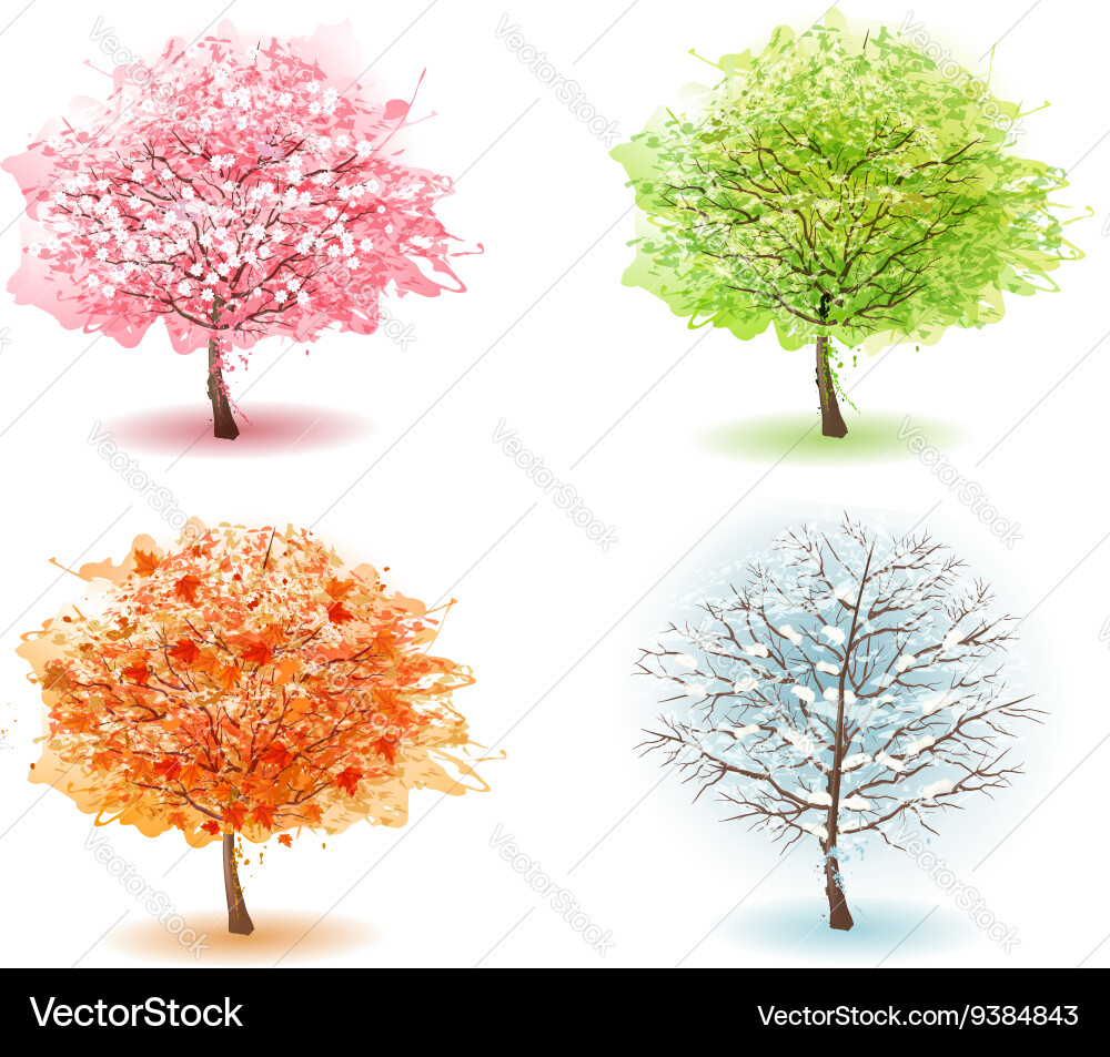 Four stylized trees representing different seasons