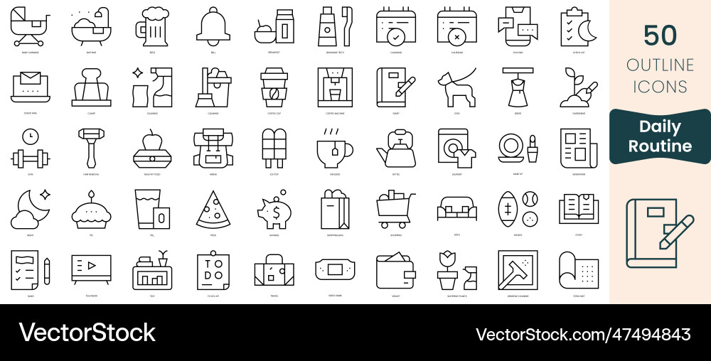 Set of daily routine icons thin linear style Set of daily routine icons thin linear style vector image
