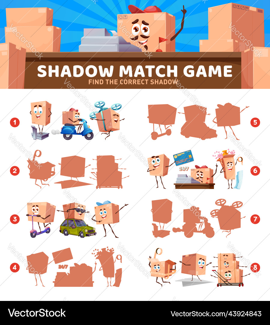 Shadow match game with package box characters Shadow match game with package box characters vector image