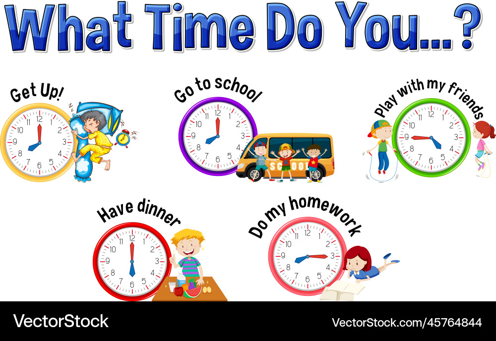 Daily routine with time and cartoon characters vector image