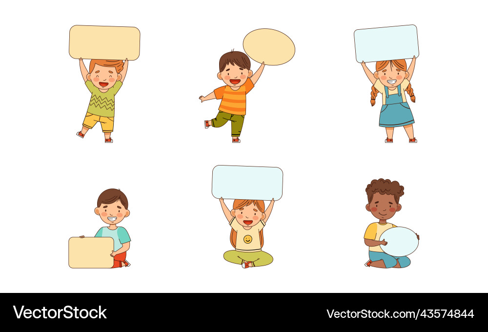 Smiling kids holding empty oval and rectangular Smiling kids holding empty oval and rectangular vector image