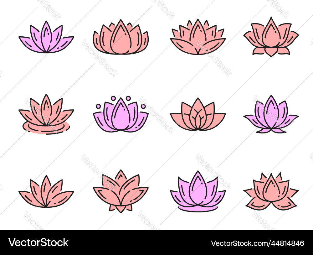 Color outline lotus icons yoga meditation flowers Color outline lotus icons yoga meditation flowers vector image