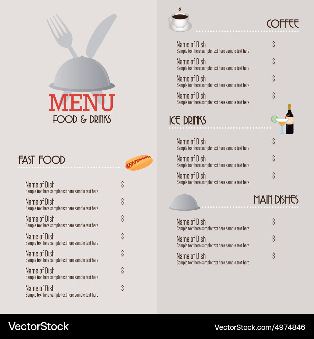 Grey menu design with text and icons vector image