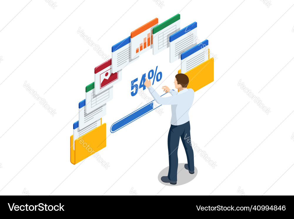 Isometric file in database document flow Isometric file in database document flow vector image