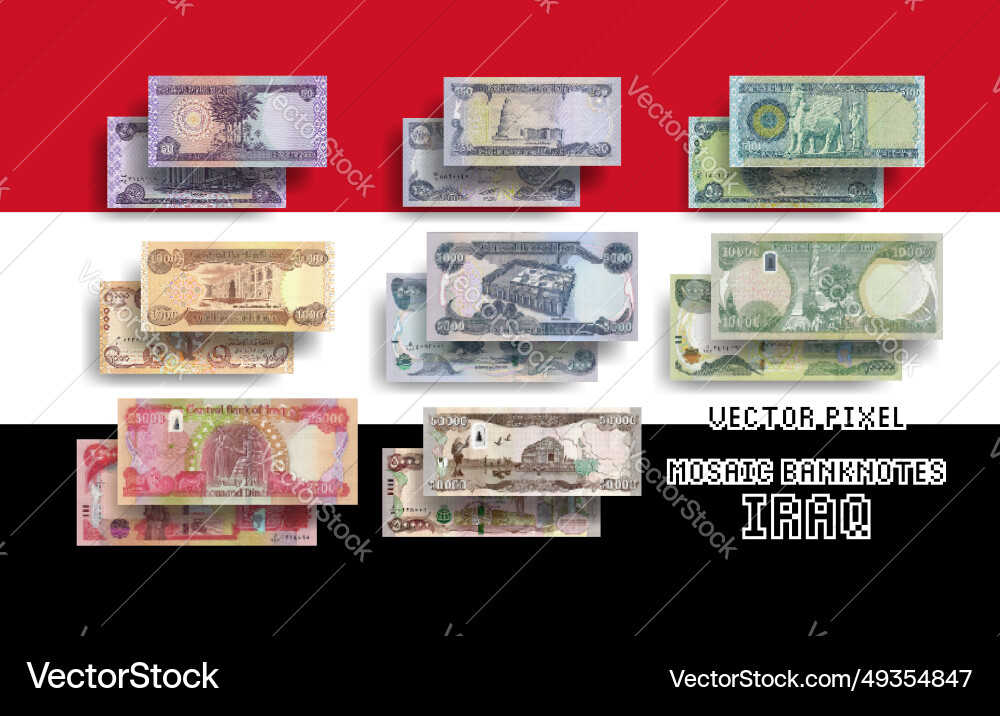 Set of pixel mosaic banknotes iraq Set of pixel mosaic banknotes iraq vector image