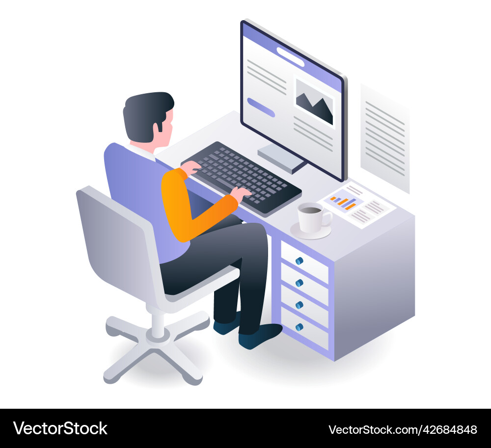 Flat isometric concept man working on computer Flat isometric concept man working on computer Vector Image