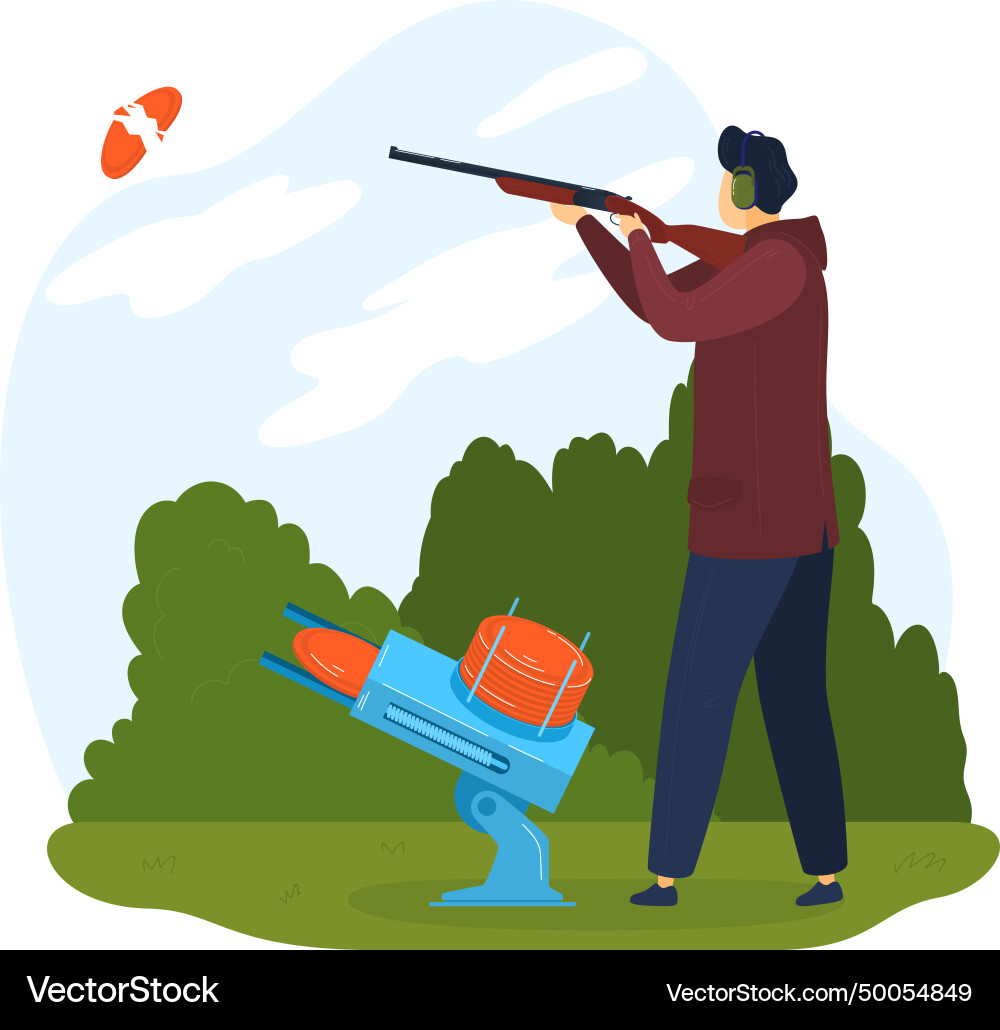 Man in jacket and earmuffs shooting clay pigeon Vector Image