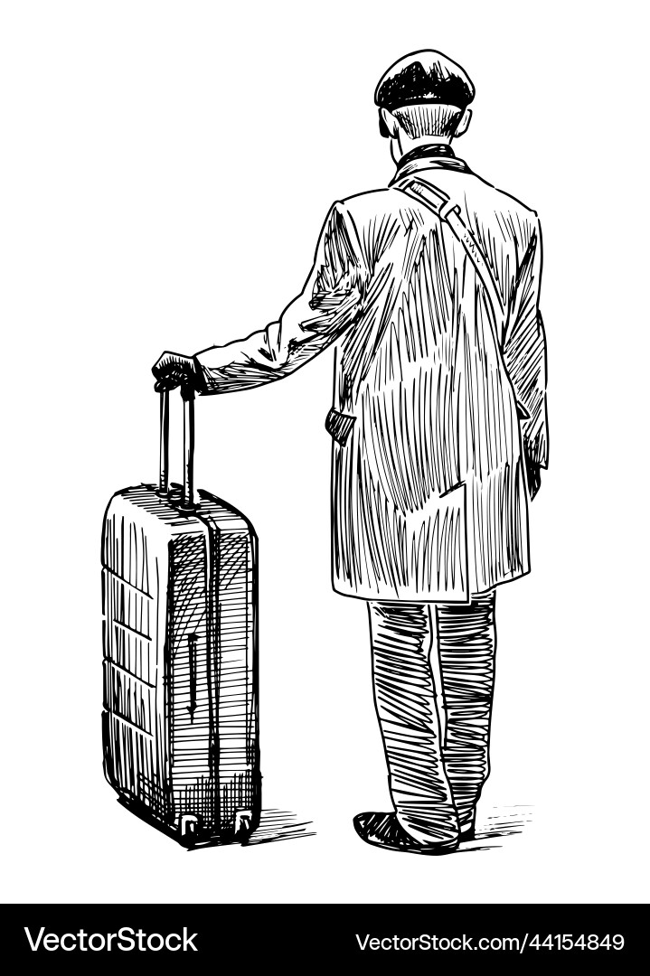 Sketch of man with suitcase standing in wait vector image