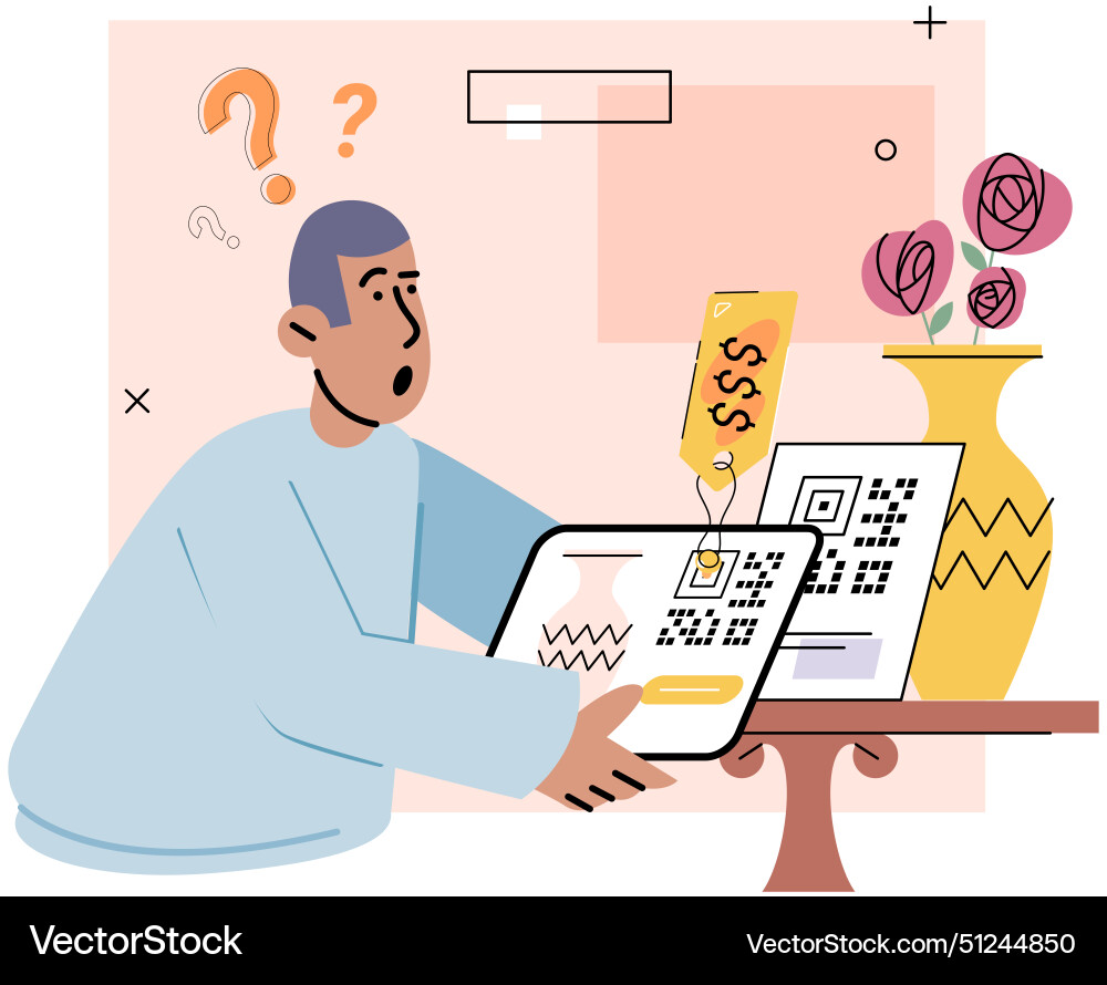 Man scanning qr code for payment via smartphone Man scanning qr code for payment via smartphone Vector Image