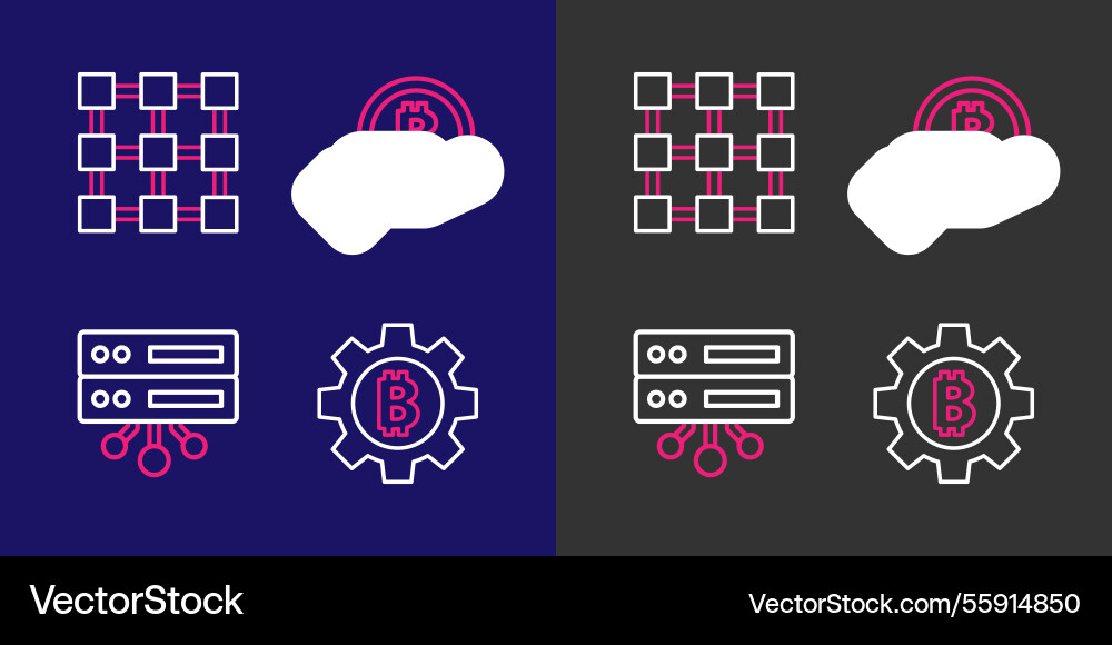 Set line cryptocurrency coin bitcoin server hand Vector Image