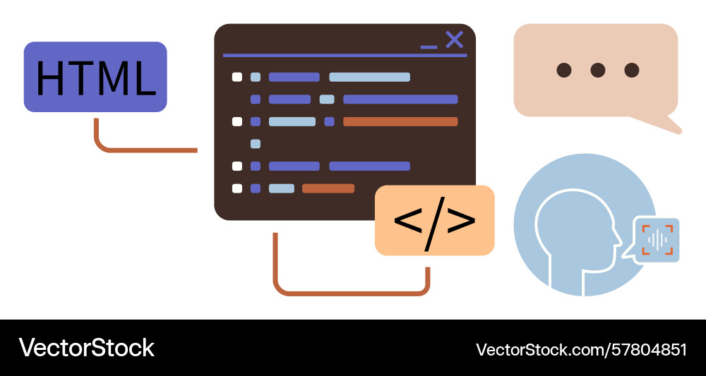 Code interface with html speech bubble and human vector image