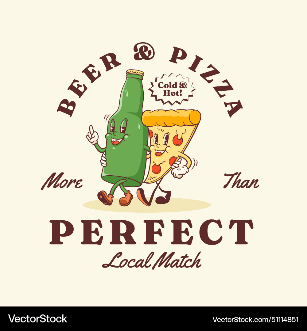 Groovy pizza and beer retro characters label Groovy pizza and beer retro characters label Vector Image