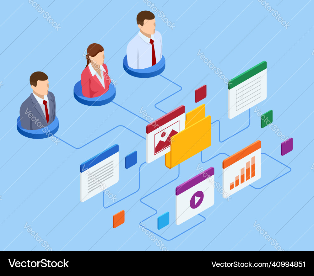 Isometric file in database document flow Isometric file in database document flow vector image