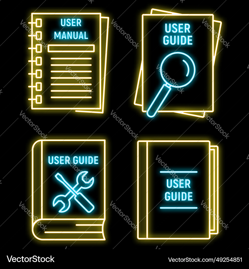 User guide book icons set neon Vector Image