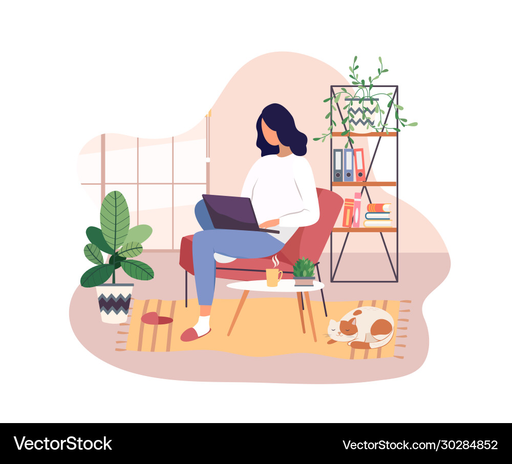 Freelancer working on laptop at home remote job Freelancer working on laptop at home remote job vector image