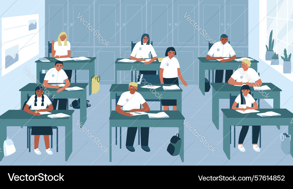 Student answering homework questions in class Vector Image