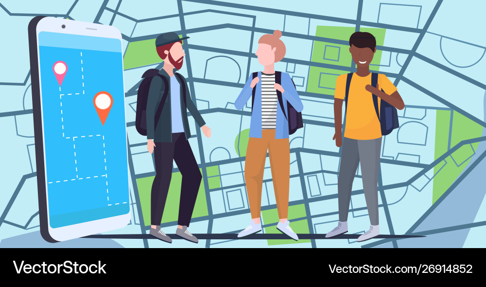 Tourists using mobile navigation app with location Tourists using mobile navigation app with location vector image
