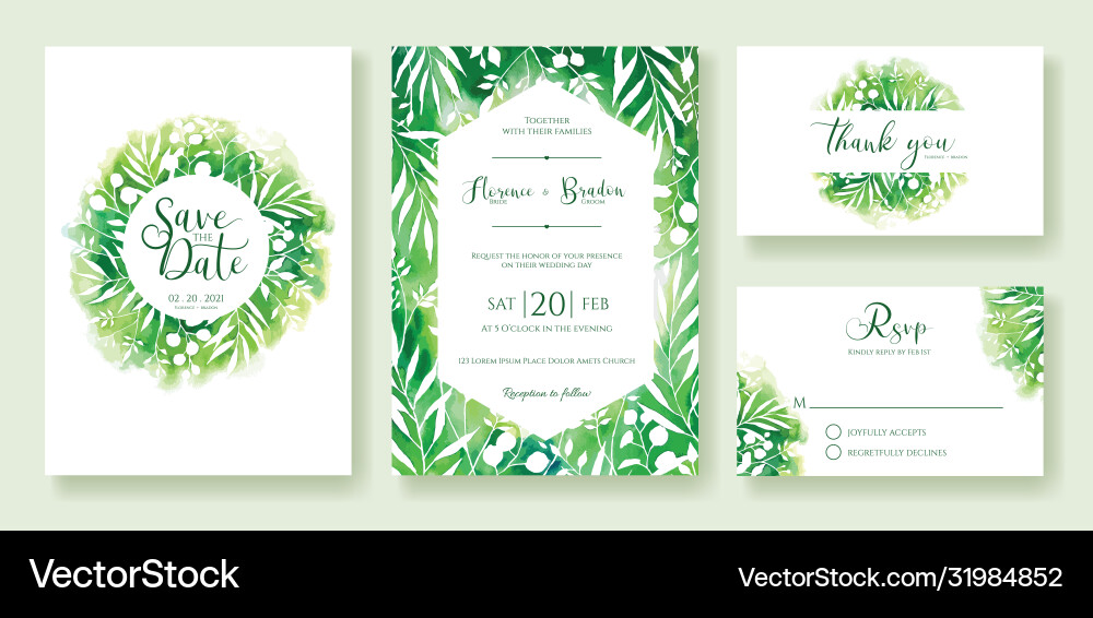 Watercolor Green Wedding Invitation Vector Image