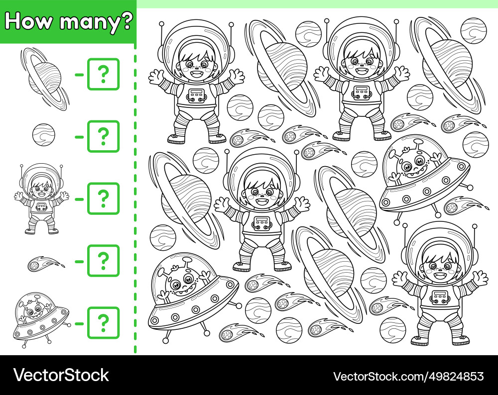 Math counting game how many outline space objects Math counting game how many outline space objects vector image