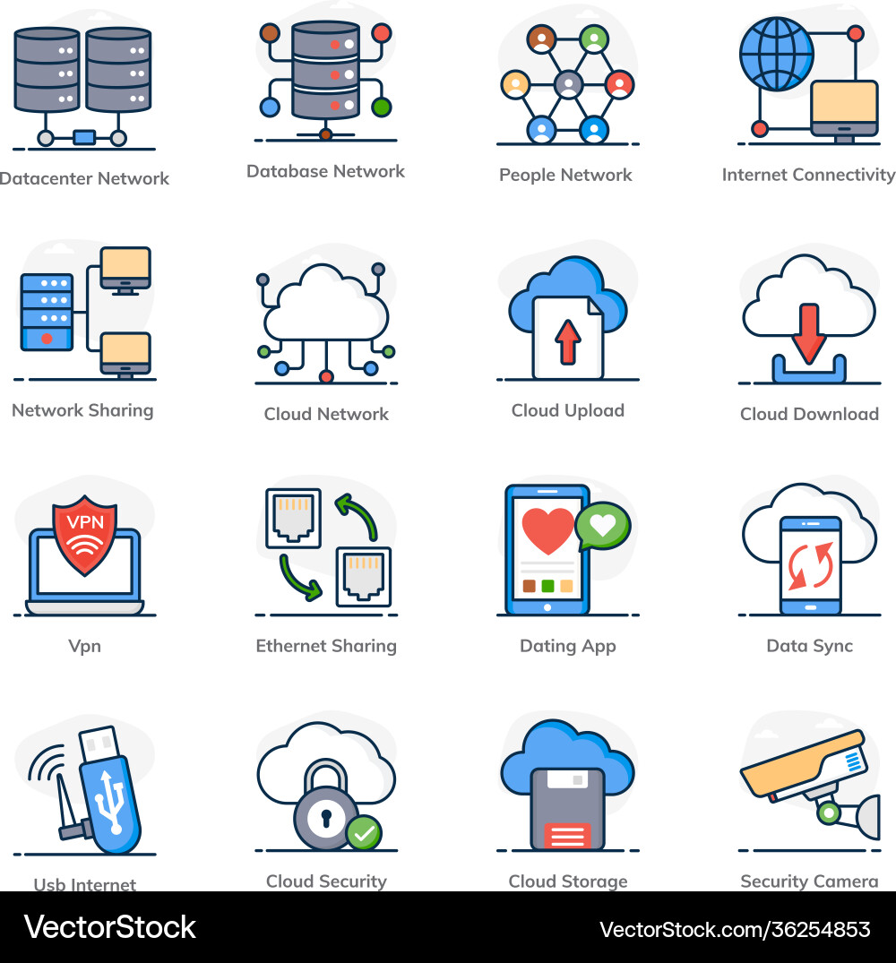 Pack data networking flat icons vector image