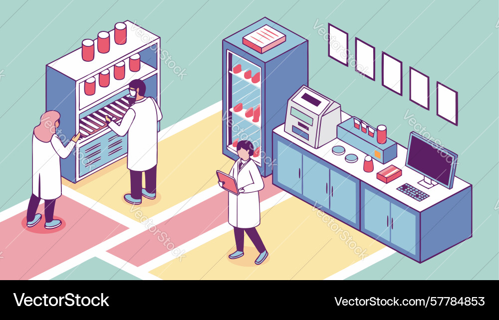 Scientists conducting experiments in a modern lab Vector Image