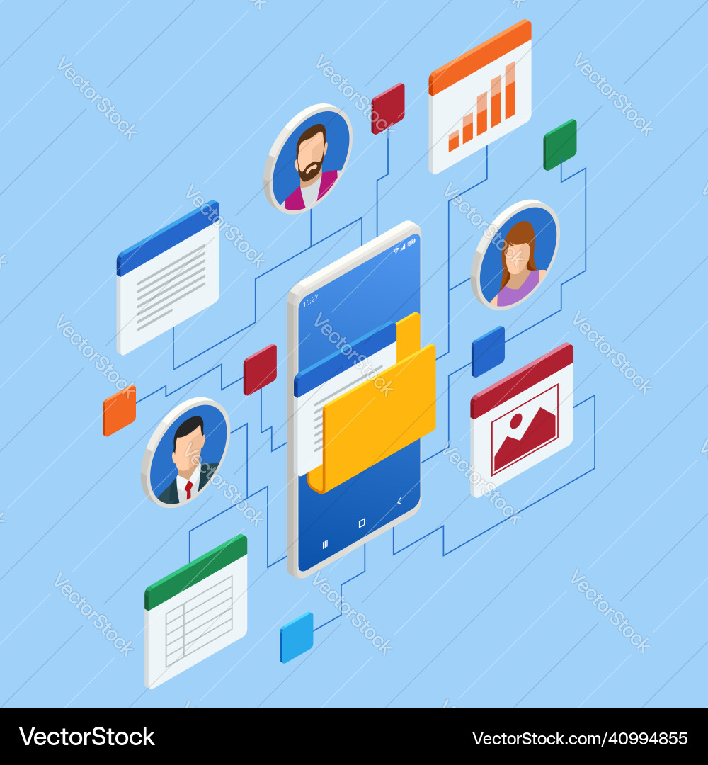 Isometric file in database document flow Isometric file in database document flow vector image