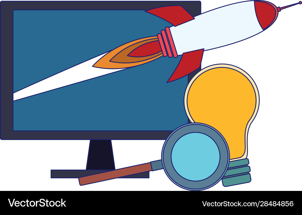 Computer with rocket space and light bulb Vector Image