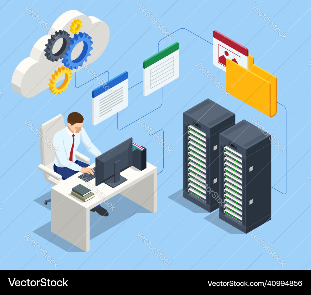 Isometric file in database document flow Isometric file in database document flow vector image