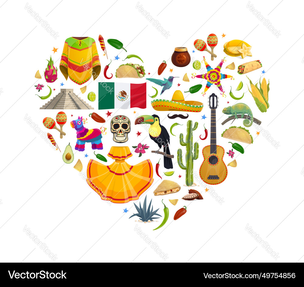 Mexico heart with national cuisine animals flag Mexico heart with national cuisine animals flag vector image
