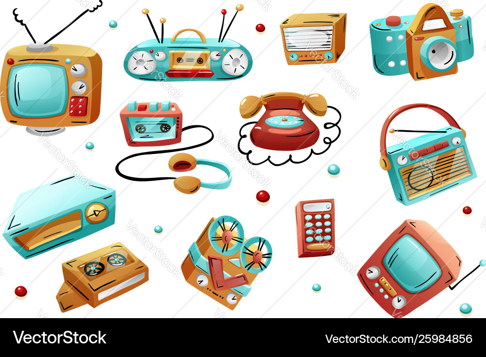 Retro devices in mixed style flat cartoon comics Retro devices in mixed style flat cartoon comics vector image