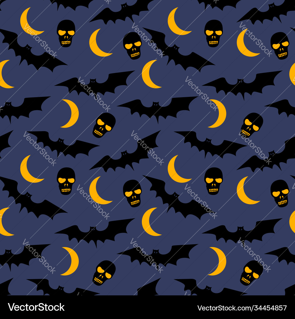 Seamless pattern with bats moons skulls and trees Seamless pattern with bats moons skulls and trees vector image