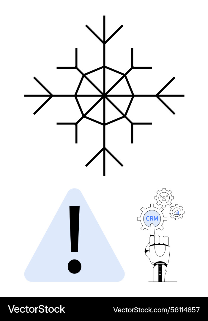 Snowflake with alert triangle and robotic hand Snowflake with alert triangle and robotic hand vector image