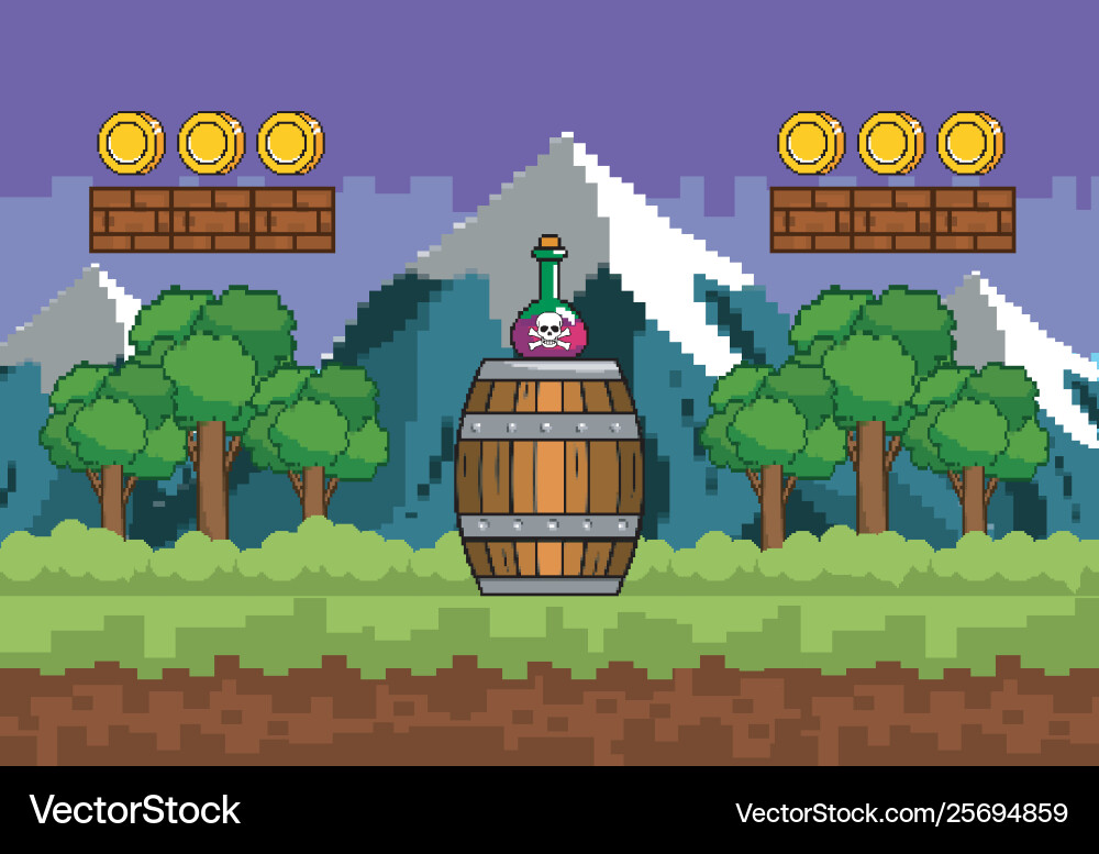Arcade game world and pixel scene design Vector Image